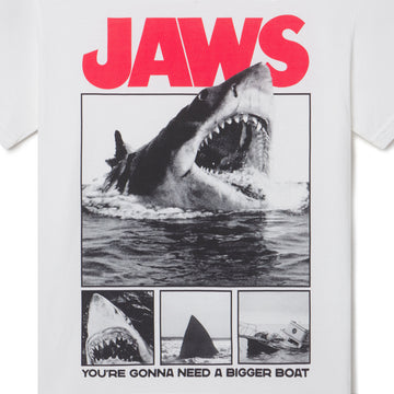 T-shirt with 'JAWS' graphic featuring a shark and text on a white background